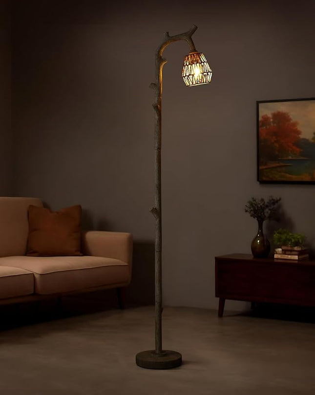 OYEARS Retro Farmhouse Rattan Floor Lamp for Living Room Rustic Standing Lamps Tree Trunk Deco Modern Country Vintage Wood Grain 64.25" Tall Corner Floor Lamp Bedroom Office - LeafyLoom