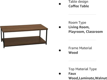 Household Essentials Jamestown Rectangular Coffee Table with Storage Shelf Mid Century Walnut Wood Grain and Black Metal - LeafyLoom