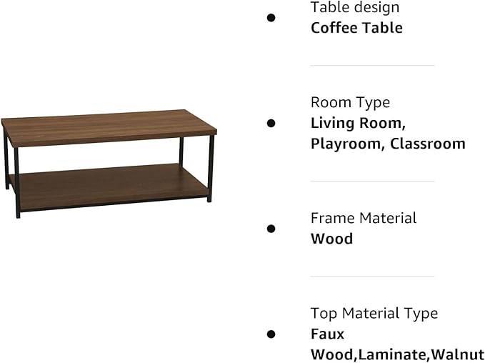 Household Essentials Jamestown Rectangular Coffee Table with Storage Shelf Mid Century Walnut Wood Grain and Black Metal - LeafyLoom