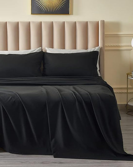 Bed Sheet Set - Brushed Microfiber Bedding - Wrinkle, Fade-Hotel Sheet- Deep Pockets - Easy Fit - Breathable & Cooling Sheets- 4 Piece(Queen,Black) - LeafyLoom