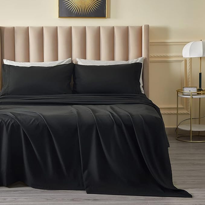 Bed Sheet Set - Brushed Microfiber Bedding - Wrinkle, Fade-Hotel Sheet- Deep Pockets - Easy Fit - Breathable & Cooling Sheets- 4 Piece(Queen,Black) - LeafyLoom