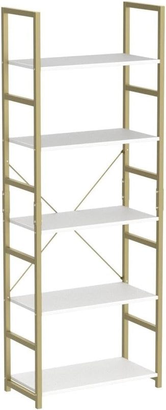 NUMENN 5 Tier Bookshelf, Tall Bookcase Shelf Storage Organizer, Modern Book Shelf for Bedroom, Living Room and Home Office, White/Gold - LeafyLoom