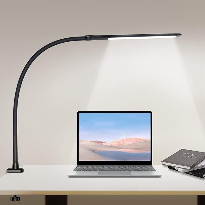 YOUKOYI LED Desk Lamp with Clamp,10W Swing Arm Clamp Lamp, 5 Brightness Levels & 4 Color Modes, Gooseneck Lamps Touch Control, Architect Desk Lamp for Home Office, Reading, Work(Black) - LeafyLoom