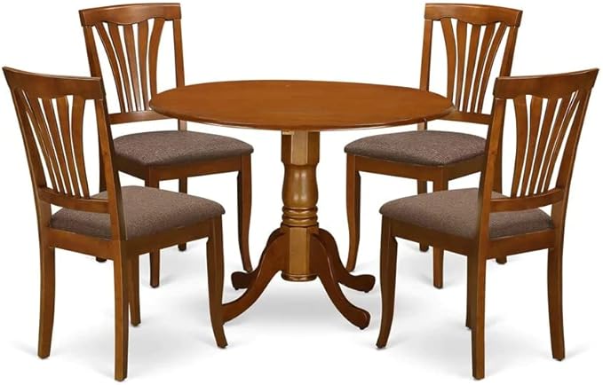 East West Furniture DLAV5-SBR-C 5 Piece Dinette Set for 4 Includes a Round Dining Table with Dropleaf and 4 Linen Fabric Dining Room Chairs, 42x42 Inch, Saddle Brown - LeafyLoom