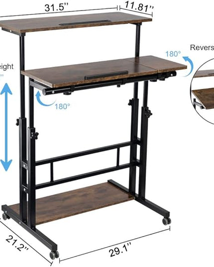 Hadulcet Mobile Standing Desk, Rolling Table Adjustable Computer Desk, Stand Up Laptop Desk Mobile Workstation for Home Office Classroom with Wheels, 31.49 x 23.6 in Rustic Brown - LeafyLoom