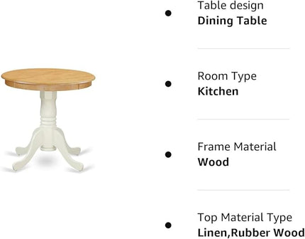 East West Furniture EMT-OLW-TP Eden Dining Room Table - a Round kitchen Table Top with Pedestal Base, 30x30 Inch, Oak & Linen White - LeafyLoom