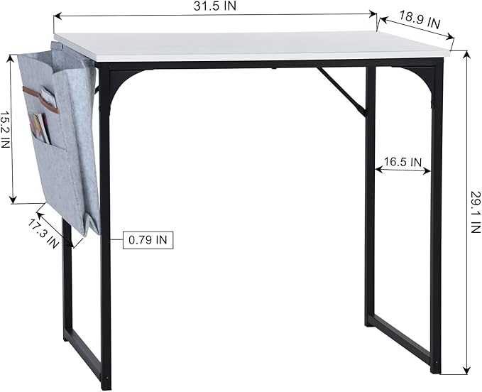 FurnitureR 31.5 inch Small Study Writing Table with Storage Bag Space Saving for Home Office, Modern PC Metal Frame Computer Desk, White - LeafyLoom