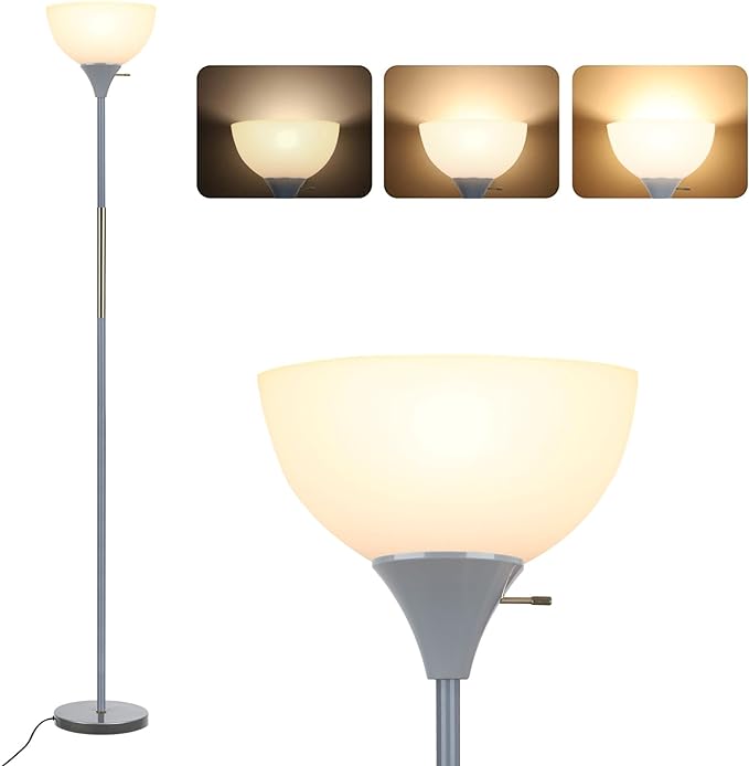 Floor Lamp, LED Standing Lamp 3 Way Dimmable Brightness Floor Lamp Rotary Switch Floor Lamps Modern Industrial Lamp with Shade, Tall Lamps for Living Room Bedroom Office Dining Room (Grey) - LeafyLoom