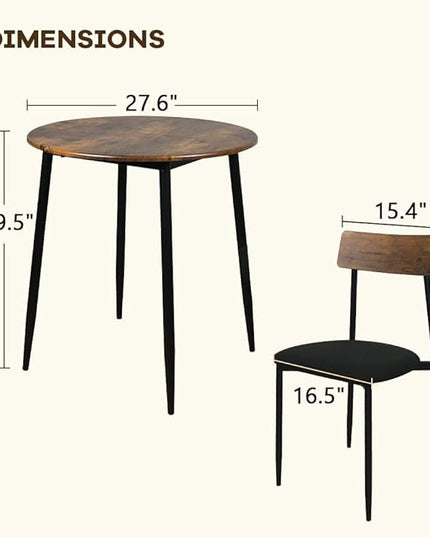Small Dining Table for 2, Small Kitchen Table for 2, Bar Table, Dining Room Table, Round Dining Table, Bistro Table and Chairs Set of 2, for Small Spaces, with Fabric Seats, Rustic Brown - LeafyLoom