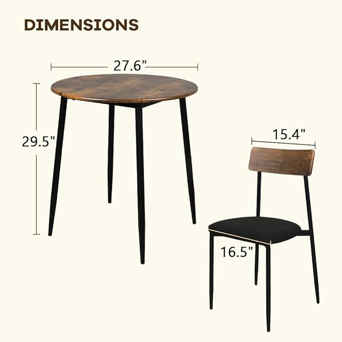 Small Dining Table for 2, Small Kitchen Table for 2, Bar Table, Dining Room Table, Round Dining Table, Bistro Table and Chairs Set of 2, for Small Spaces, with Fabric Seats, Rustic Brown - LeafyLoom