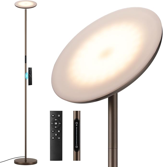 Modern LED Floor Lamp - Remote & Touch Control, 40W/2400LM Sky Torchiere Standing Lamp, Fully Dimmable, 3 Color Temperatures, Ideal for Living Room & Bedroom, Easy to Assemble(Brown) - LeafyLoom