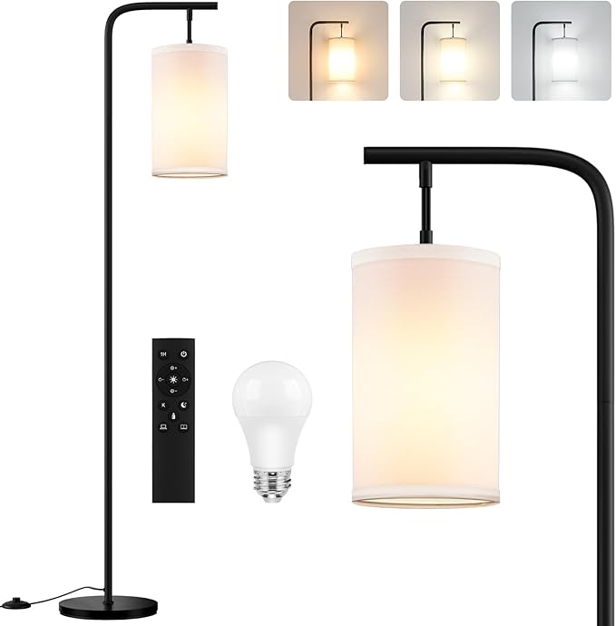 Floor Lamp for Living Room, 9W LED Bulb, Remote Custom Color Temperature & Brightness, Tall Standing Lamps for Bedroom Office Kid Room, Black - LeafyLoom