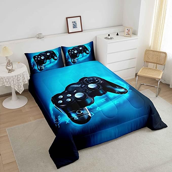 Feelyou Gaming Bedding Set for Boys Gamer Comforter Set for Teens Kids Gamer Room Decor Blue Video Games Comforter Duvet Set King Size Gamepad Quilted All Season 1 Comforter with 2 Pillow Cases - LeafyLoom