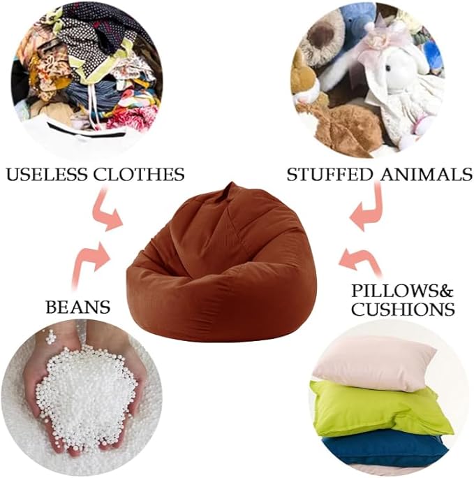 3 Ft Bean Bag Chair Cover (No Filler) Stuffed Animal Storage Bean Bag Cover for Pets Dogs/Cats Bed Corduroy Stuffed for Organizing Plush Toys - LeafyLoom