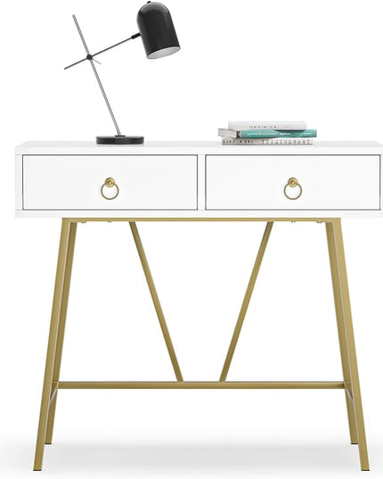 Anmytek Modern Home Office Desk, 35.4 Inch Makeup Vanity Table White Study Desk 2 Drawers Writing Desk Computer Desk with Golden Legs, D0002 - LeafyLoom