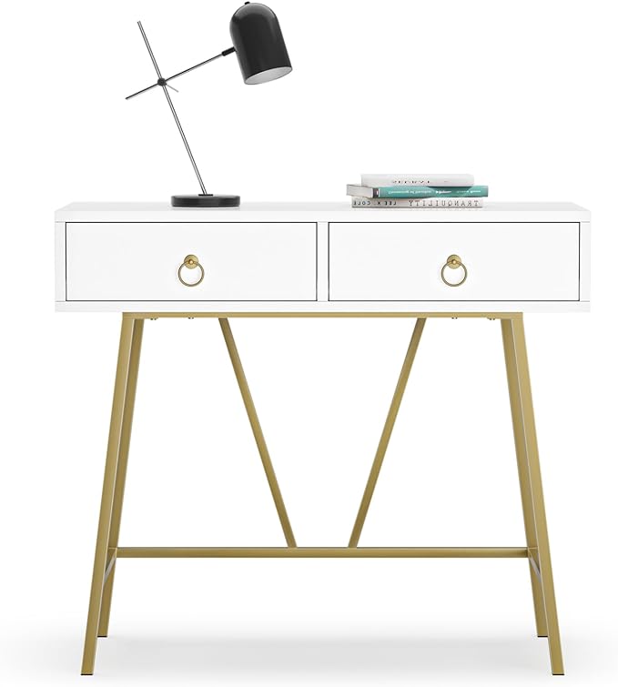 Anmytek Modern Home Office Desk, 35.4 Inch Makeup Vanity Table White Study Desk 2 Drawers Writing Desk Computer Desk with Golden Legs, D0002 - LeafyLoom