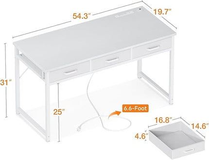AODK Vanity Desk without Mirror, Makeup Vanity with 3 Fabric Drawers, White Vanity Desk Dressing Vanity Table with Charging Station, 54 Inch Large Girl Vanity, Desk Make Up Vanity for Girls, White - LeafyLoom