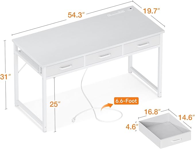 AODK Vanity Desk without Mirror, Makeup Vanity with 3 Fabric Drawers, White Vanity Desk Dressing Vanity Table with Charging Station, 54 Inch Large Girl Vanity, Desk Make Up Vanity for Girls, White - LeafyLoom