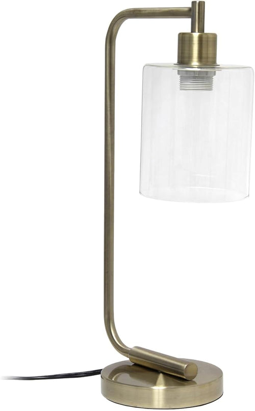 Simple Designs LD1036-ABS 18.8" Industrial Vintage Bronson Antique Style Industrial Iron Lantern Desk Table Lamp with Glass Cylinder Shade for Home Décor, Office, Living Room, Bedroom, Antique Brass - LeafyLoom