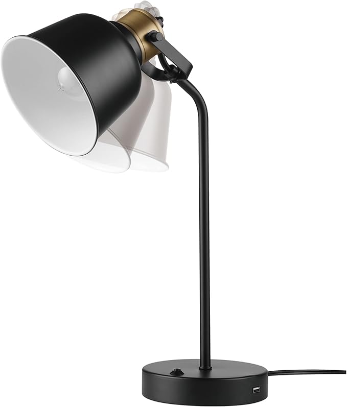 Globe Electric 30297 18" Desk Lamp with 2.1 USB Port, Matte Black, Brass Accents, Push Button On/Off Switch, Home Décor, Desk Lamps for Home Office, Home Office Accessories, Home Improvement - LeafyLoom