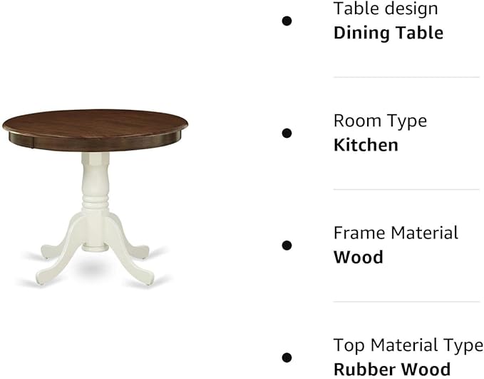 East West Furniture Antique Kitchen Dining Round Wooden Table Top with Pedestal Base, 36x36 Inch, Walnut & Linen White - LeafyLoom