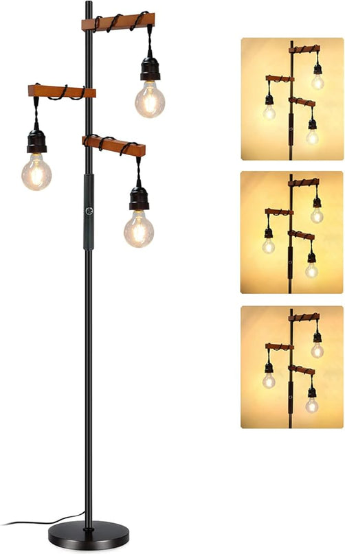 Dimmable Industrial Floor Lamp,Modern Farmhouse Tree Standing Lamp,68 Inch 3-Light Wood Tall Vintage Pole Lamps for Living Room Bedroom Office Rustic Home Decor - LeafyLoom