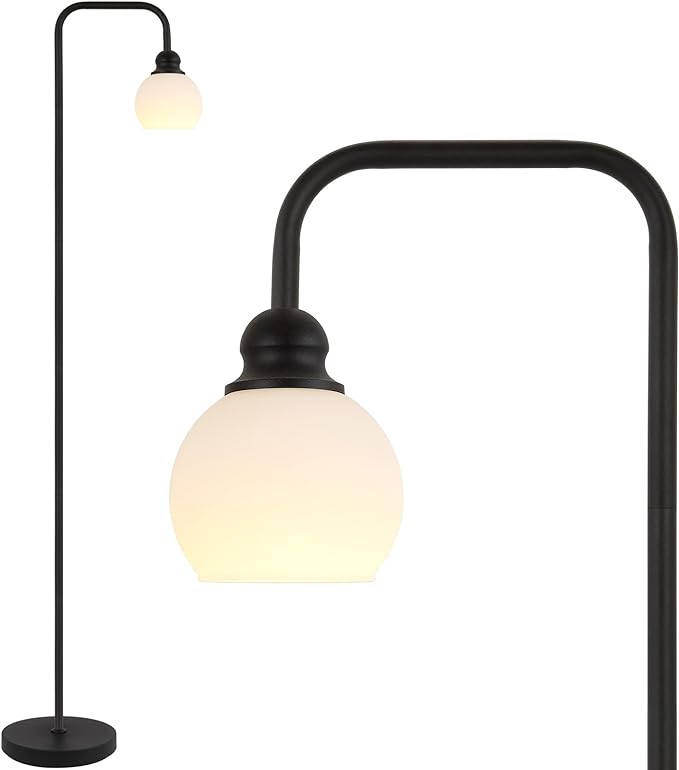 Modern Floor Lamp for Living Room, Black, with 3 Color Temperatures LED Bulb, Industrial Design, 63.2 in H, White Glass Shade, E26 9W A19 LED Bulb Included - LeafyLoom