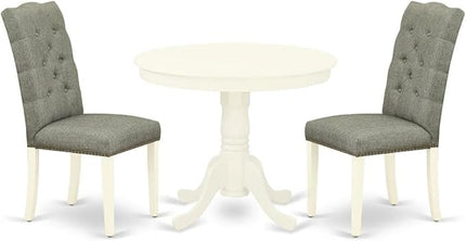 East West Furniture ANEL3-LWH-07 Antique 3 Piece Modern Dining Set Contains a Round Kitchen Table with Pedestal and 2 Smoke Linen Fabric Upholstered Parson Chairs, 36x36 Inch - LeafyLoom