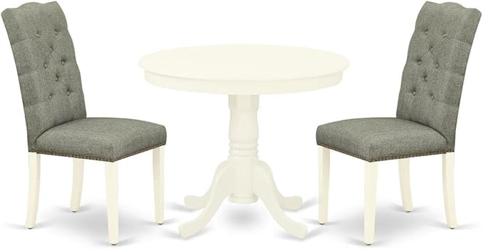 East West Furniture ANEL3-LWH-07 Antique 3 Piece Modern Dining Set Contains a Round Kitchen Table with Pedestal and 2 Smoke Linen Fabric Upholstered Parson Chairs, 36x36 Inch - LeafyLoom