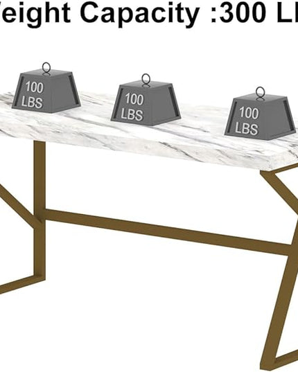 HSH White Faux Marble and Gold Desk, Modern Home Office Executive PC Laptop Computer Desk, Farmhouse Writing Study Work Gaming Table for Bedroom Living Room, Simple Metal Wood Workstation, 55 Inch - LeafyLoom