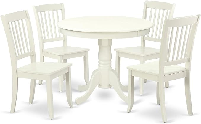 East West Furniture ANDA5-LWH-W Antique 5 Piece Set Includes a Round Kitchen Table with Pedestal and 4 Dining Room Chairs, 36x36 Inch - LeafyLoom