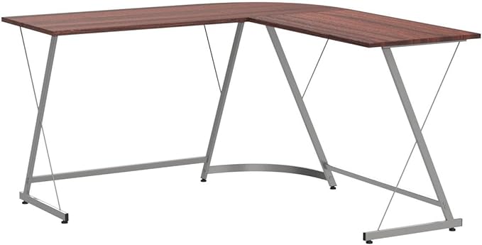 SHW Vista L-Shape Desk with Monitor Stand, Espresso - LeafyLoom