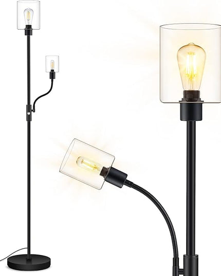 BoostArea Floor Lamp, 6W Black Modern Floor Lamp with 4W Adjustable Reading Lamp, 2700K Energy-Saving LED Bulbs Included, Industrial Bright Floor Lamp for Bedroom, Living Room and Office - LeafyLoom