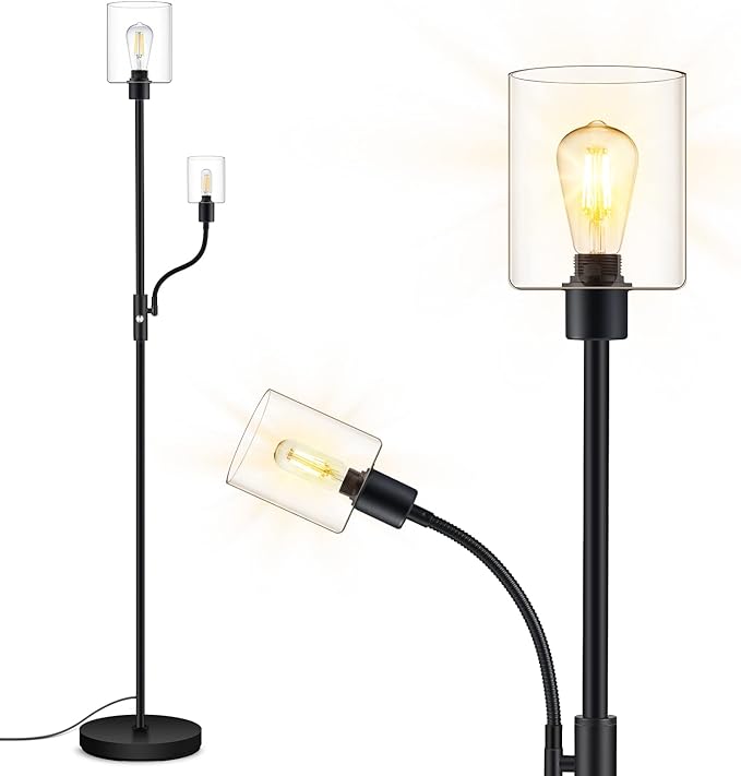 BoostArea Floor Lamp, 6W Black Modern Floor Lamp with 4W Adjustable Reading Lamp, 2700K Energy-Saving LED Bulbs Included, Industrial Bright Floor Lamp for Bedroom, Living Room and Office - LeafyLoom