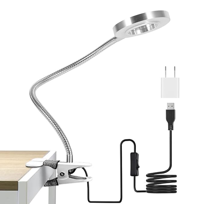 Clip on Lamp Pinkiou Desk Lamp with Clamp for Night Reading Nail Art Makeup Salon LED USB Book Light Clip Clamp Lamp 360°Flexible Gooseneck Bed Lamp 3 Color Models - LeafyLoom