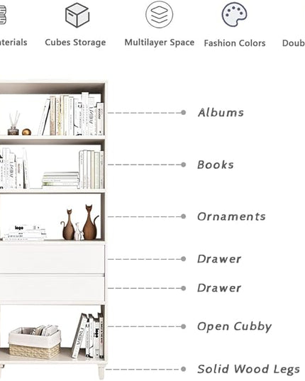 IOTXY Floorstanding Wooden Bookcase with Legs - 67" Tall Open Shelves Cube Billy Bookshelf with Drawers for Home and Office, White - LeafyLoom