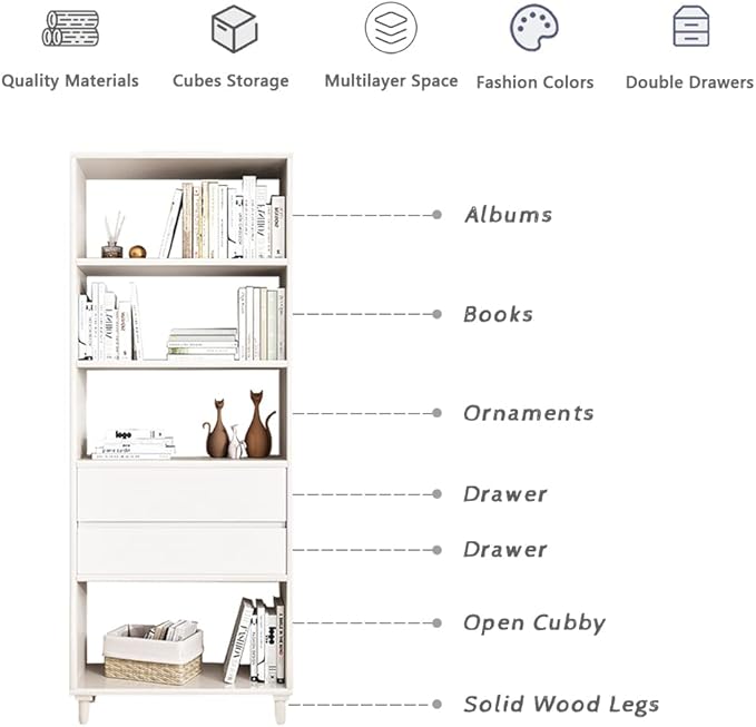 IOTXY Floorstanding Wooden Bookcase with Legs - 67" Tall Open Shelves Cube Billy Bookshelf with Drawers for Home and Office, White - LeafyLoom