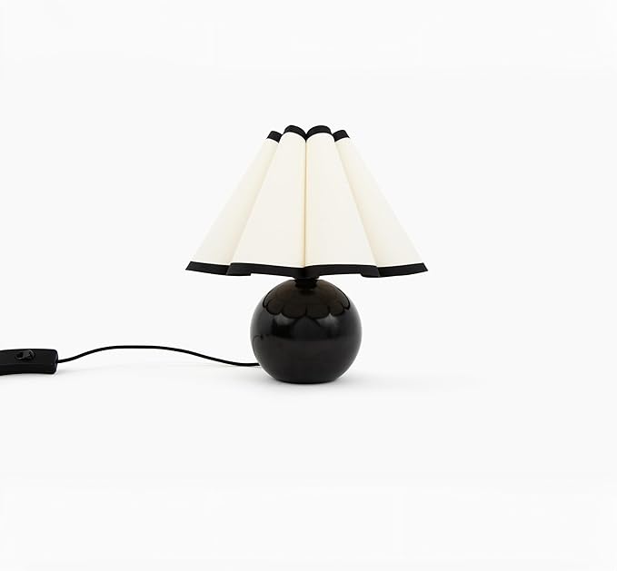 Brightech Blair LED Table Lamp - Small Modern Black Table Lamp with Marble Globe Base, Pleated Shade for Bedroom, Bedside, Side Table - Ambient Night Light with Soft White Light for Desk, Living Room - LeafyLoom