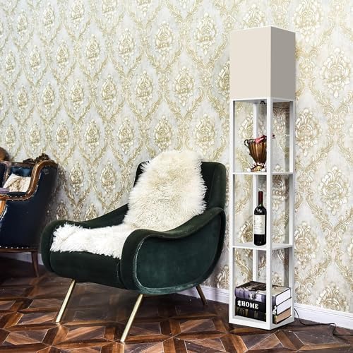 PAZZO Floor Lamp with Shelves by Solid Wood, Modern Shelf Floor Lamp with 3 Color Temperature, Linen Lampshade and Storage Shelves for Living Room, Bedroom, Bulb Included(White) - LeafyLoom