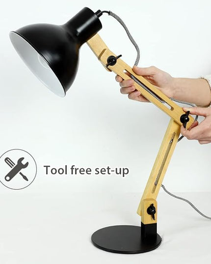 DLLT Swing Arm Desk Lamp, Wood Adjustable Gooseneck Table Lamp, Modern Architect Desk Light, Reading Light for Work, Study, Bedroom, Home Office, College Dorm, Black Metal Shade, E26 Bulb Included - LeafyLoom