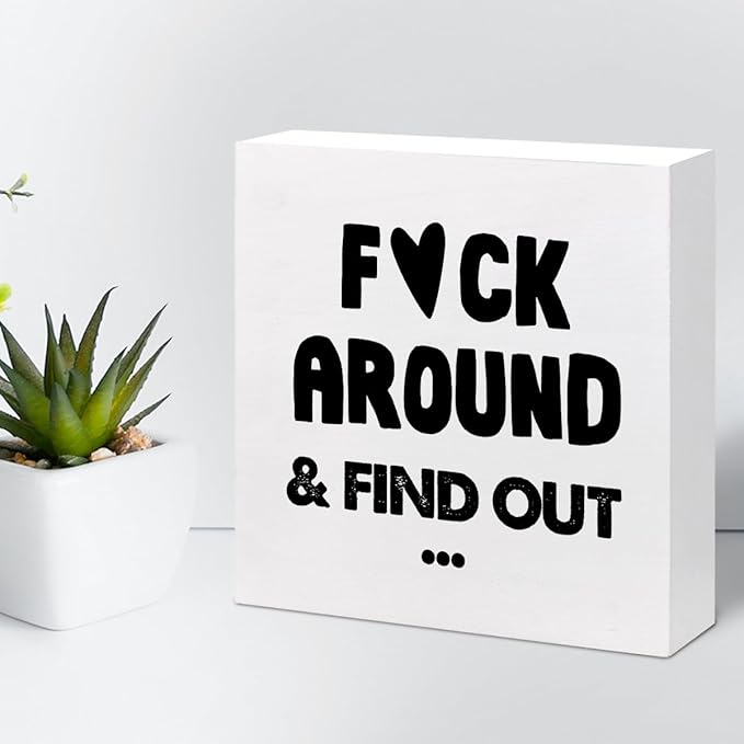 Humorous Satire Irony Wooden Box Desk Sign,Around and Find out Wooden Box Sign Desk Decor for Home Office Shelf Tabletop Decor,Funny Sarcastic Office Decor C975 - LeafyLoom