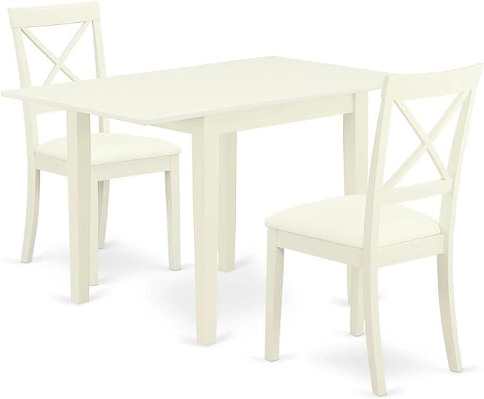 East West Furniture NDBO3-LWH-LC Norden 3 Piece Room Set Contains a Rectangle Dining Table with Dropleaf and 2 Faux Leather Upholstered Chairs, 30x48 Inch, Linen White - LeafyLoom