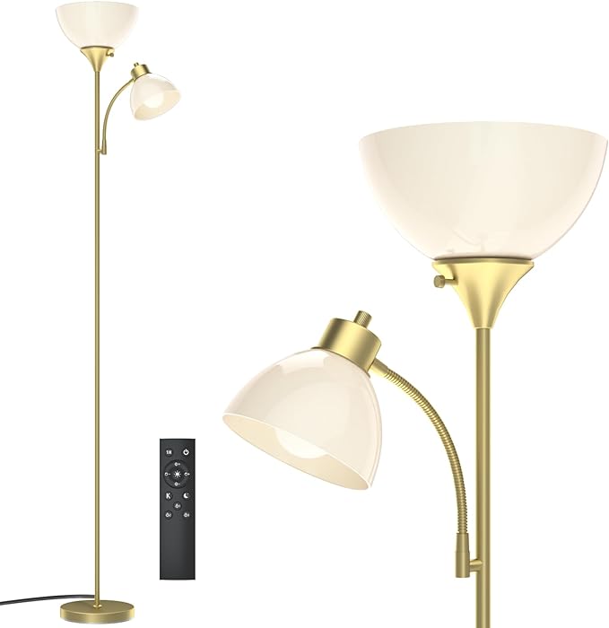 Led Floor Lamp, Super Bright 11W+7W 2100LM Torchiere Floor Lamps for Living Room, Stepless Adjustable 4 Color Temperatures 3000K-6000K with Remote Control for Bedroom(Golden) - LeafyLoom