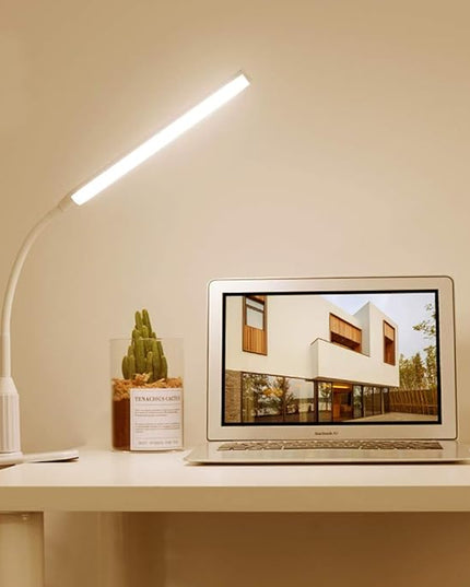 LED Desk Lamp, Clamp on Desk Light, Eye-Caring Gooseneck Clip on Light, 3 Color Modes, Stepless Dimming - Highly Adjustable Clamp Task Lamp/Table Lamp for Reading, Sewing, Drafting, Office - LeafyLoom