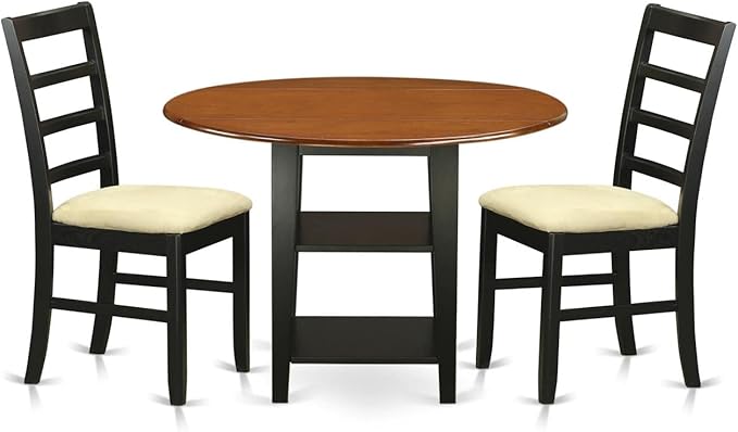 East West Furniture SUPF3-BCH-C 3 Piece Dining Room Set Contains a Round Kitchen Table with Dropleaf & Shelves and 2 Linen Fabric Upholstered Chairs, 42x42 Inch, Black & Cherry - LeafyLoom