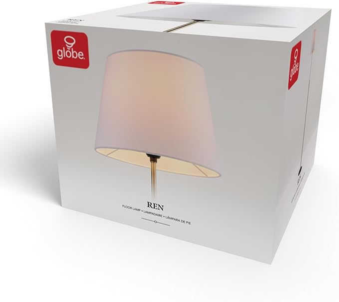 Globe Electric 61000051 60" Floor Lamp, Matte Black, Brass Accents, White Linen Shade, Flat Iron Base, On/Off Rotary Switch on Socket, Reading Lamp, Home Office Accessories, Home Décor - LeafyLoom
