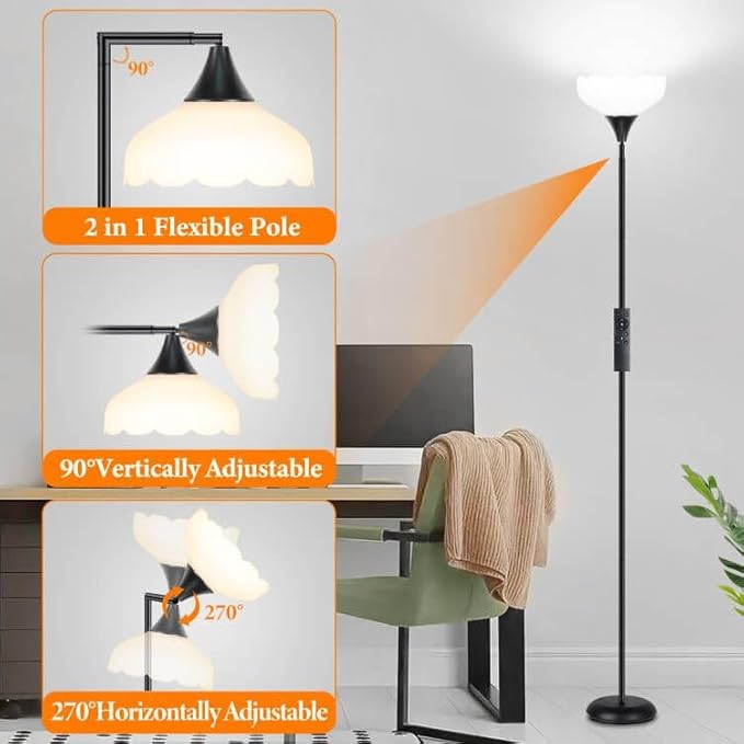 Floor Lamp with Remote, 2 in 1 Dimmable Standing Lamp for Reading, 76" Tall Lamp with Stepless Adjustable 3000K-6500K Colors, Black Torchiere Lamp for Living Room Bedroom Office, E26 LED Bulb Included - LeafyLoom