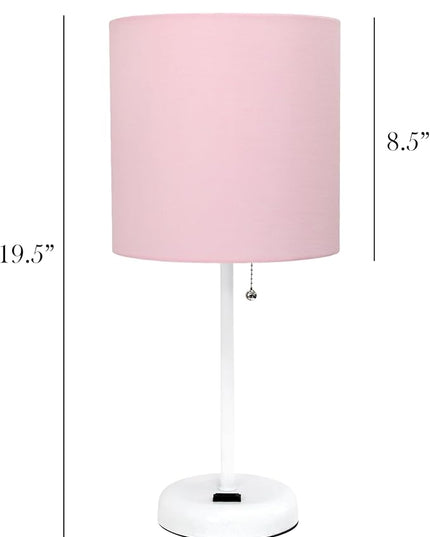 Simple Designs LT1144-POW Sleek and Slender White Table Lamp with Charging Outlet for Bedroom, Living Room, Entryway, Office, Dining Room, Study, Light Pink Shade - LeafyLoom