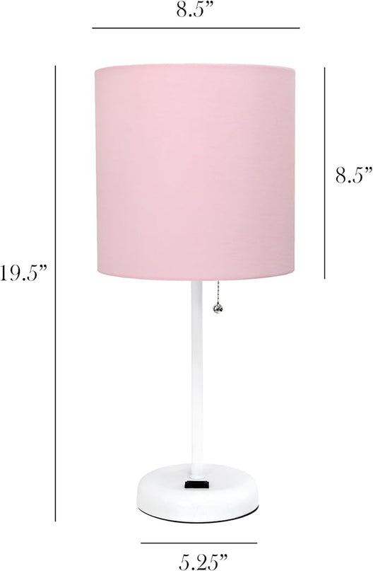 Simple Designs LT1144-POW Sleek and Slender White Table Lamp with Charging Outlet for Bedroom, Living Room, Entryway, Office, Dining Room, Study, Light Pink Shade - LeafyLoom