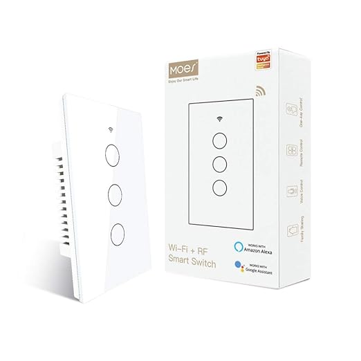 MOES 2.4GHz WiFi Wall Touch Smart Switch Neutral Wire Required, 3 Way Multi-Control, Glass Panel Light Switch Work with Smart Life/Tuya App, RF433 Remote Control, Alexa and Google Home White 3 Gang MOES